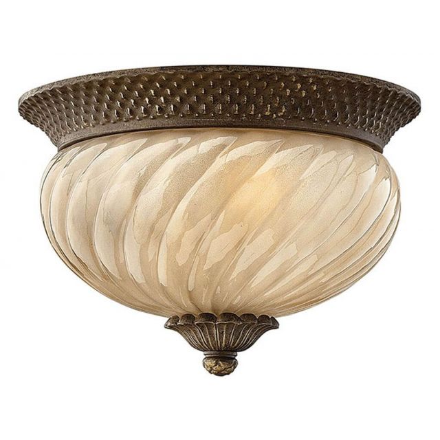 Hinkley Lighting 2128PZ Plantation 2 Light 12 inch Outdoor Flush Mount in Pearl Bronze with Inside Etched Amber Optic Glass