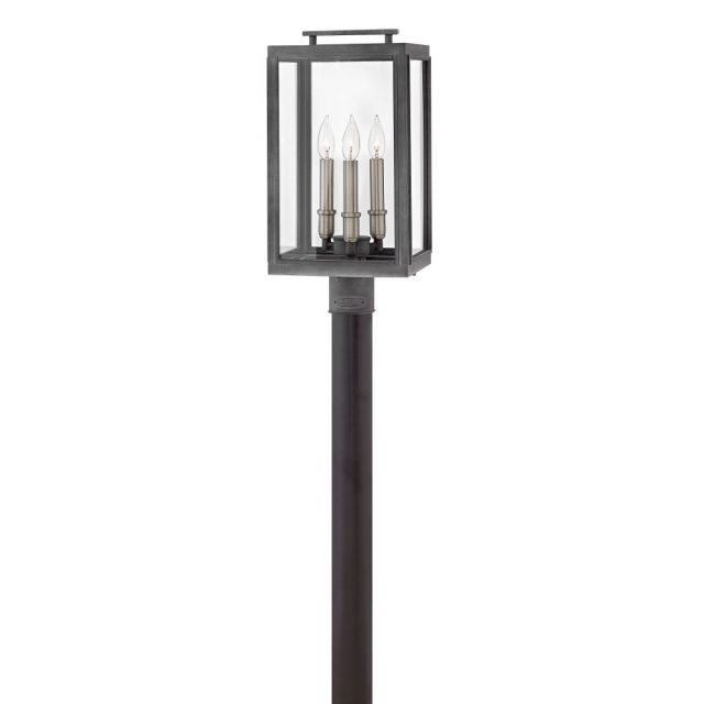 Hinkley Lighting 2911DZ Sutcliffe 3 Light 20 Inch Tall Post Top-Pier Mount In Aged Zinc With Clear Glass