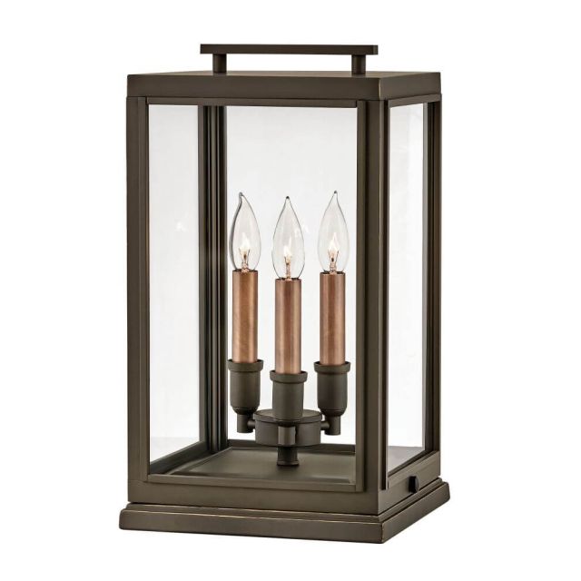 Hinkley Lighting Sutcliffe 3 Light 18 Inch Tall Large Outdoor Pier Mount Lantern in Oil Rubbed Bronze with Antique Copper Accents and Clear Glass 2917OZ