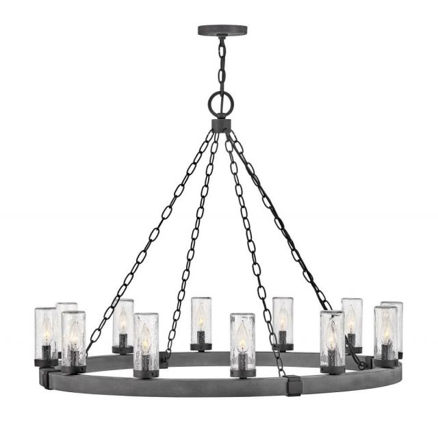 Hinkley Lighting 29207DZ Sawyer 12 Light 38 Inch Large Single Tier Outdoor Chandelier in Aged Zinc with Distressed Black Accents and Clear Seedy Glass