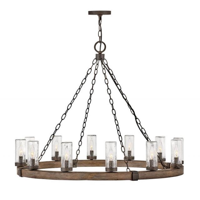 Hinkley Lighting 29207SQ Sawyer 12 Light 38 Inch Large Single Tier Outdoor Chandelier in Sequoia with Iron Rust Accents and Clear Seedy Glass