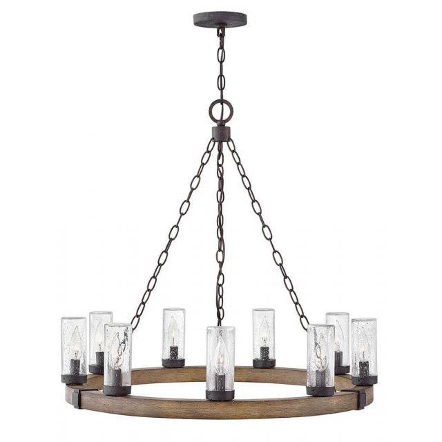 Hinkley Lighting Sawyer 9 Light 30 inch Large Single Tier Outdoor Pendant in Sequoia with Iron Rust Accents and Clear Seedy Glass 29208SQ