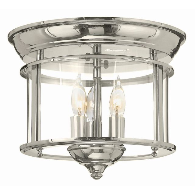 Hinkley Lighting Gentry 3 Light 12 Inch Foyer Semi-Flush Mount In Polished Nickel With Clear Rounded Panels 3473PN