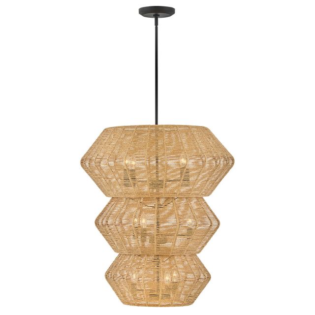 Hinkley Lighting Luca 10 Light 28 inch LED Multi Tier Chandelier in Black with Camel Woven Rattan Drum Shade 40388BLK-CML