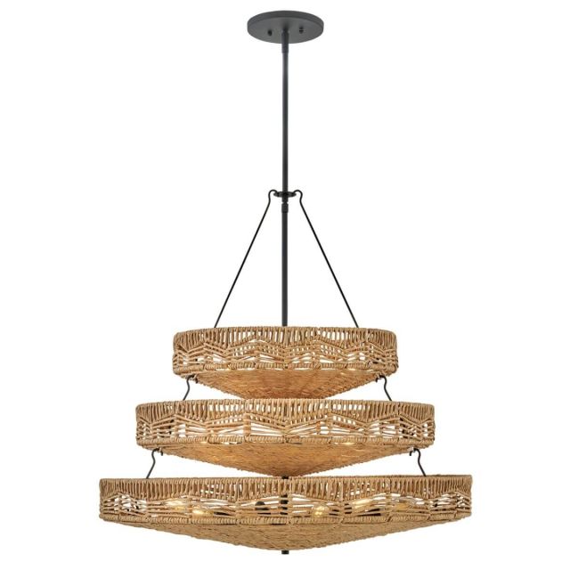 Hinkley Lighting 42308BK-NRF Ophelia 13 Light 30 inch Multi Tier Chandelier in Black with Natural Shade