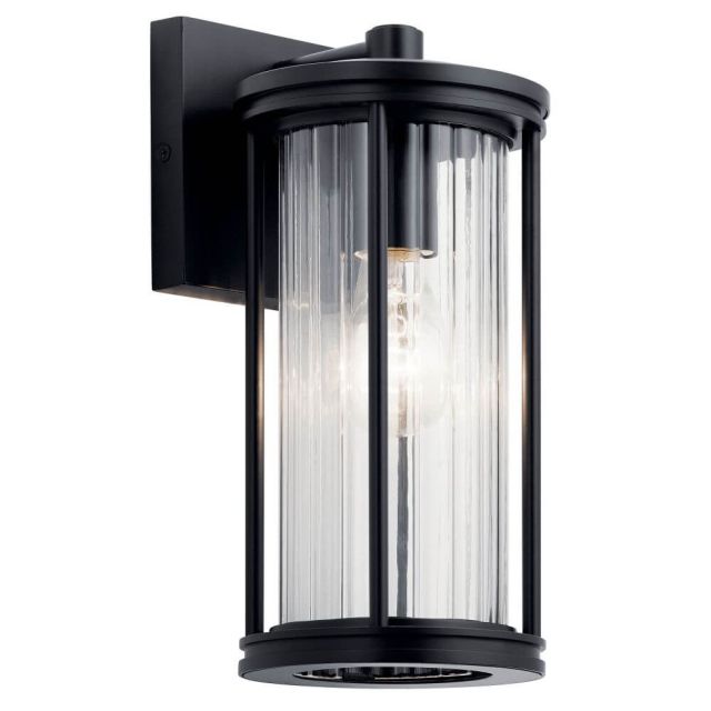Kichler 59022BK Barras 1 Light 12 Inch Tall Outdoor Small Wall Light in Black with Clear Ribbed Glass