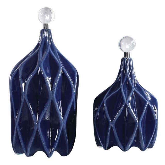 Uttermost Klara 8 x 17 inch Geometric Bottles Set of 2 in Cobalt Blue with Polished Nickel Accented and Crystal Finials 17526
