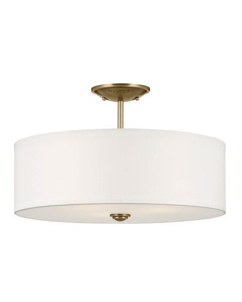 Kichler Shailene 3 Light 18 inch Round Semi Flush Mount in Natural Brass with White Fabric Shade and Clear Satin Etched Diffuser 43692NBR