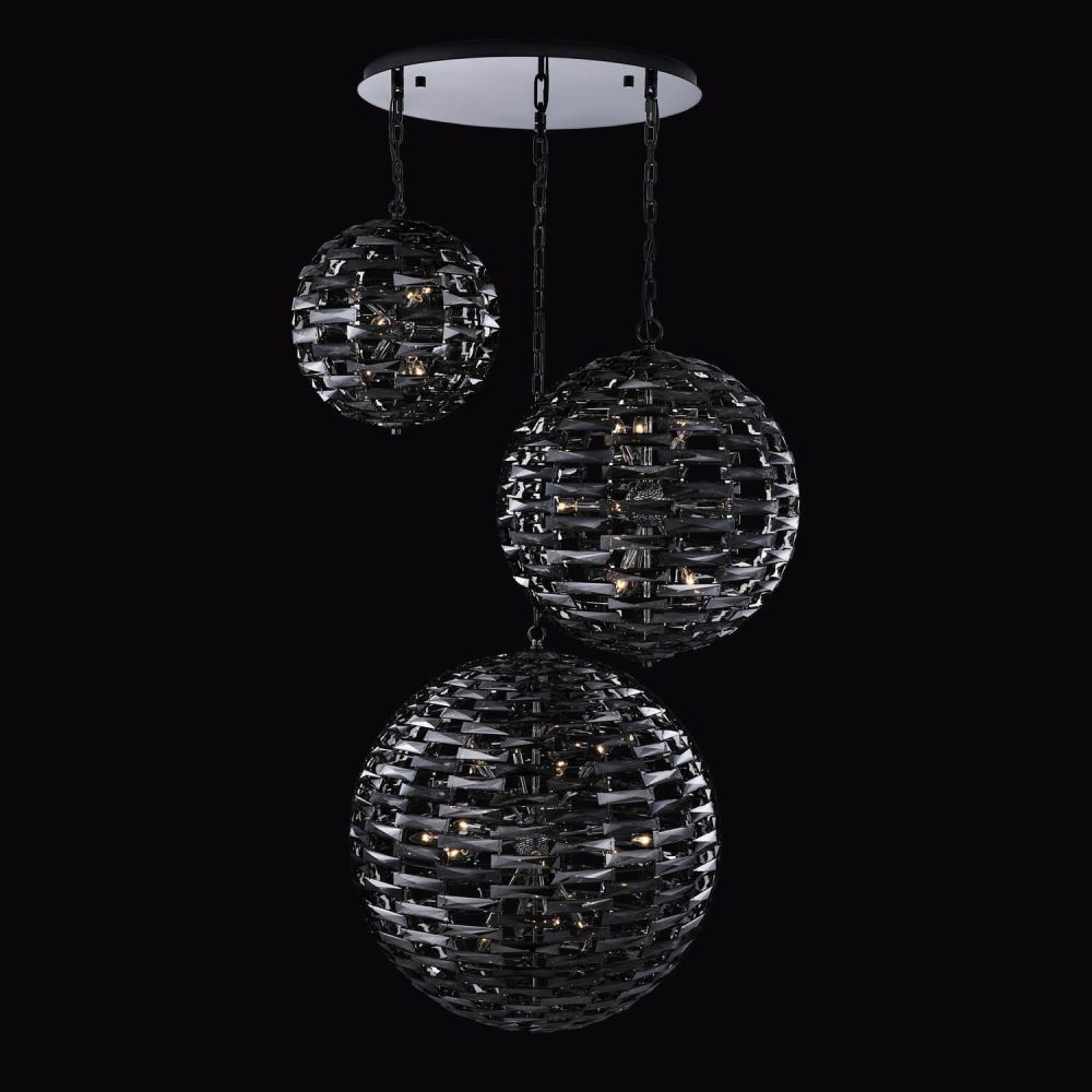 Allegri 037249-184-FR102 Alta 37 Light 53 inch 3 Orb Foyer Pendant in Black Nickel with Plated Smokey Crystals, image size:1000x1000