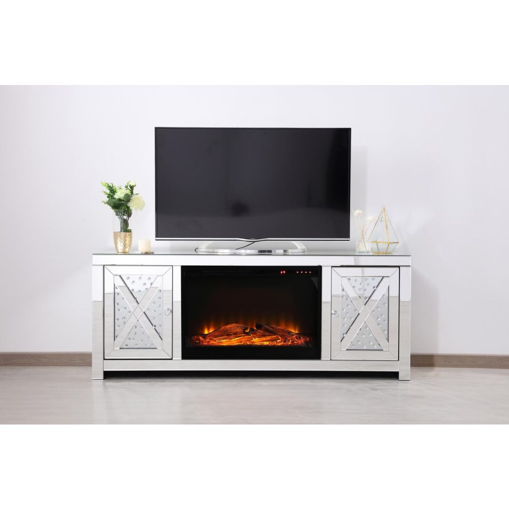 Elegant Decor Crystal Mirrored TV Stand with Fireplace - Thumbnail 2