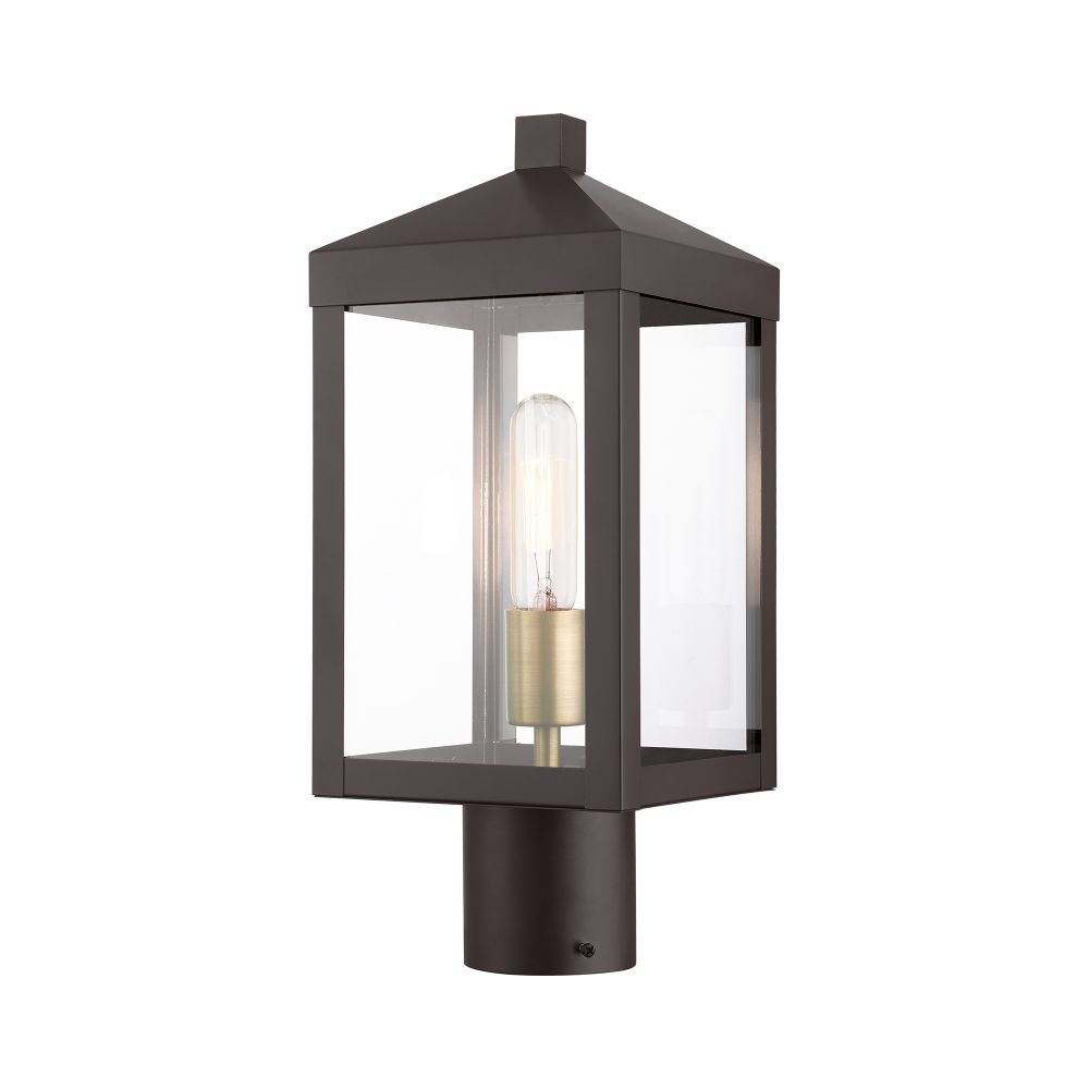 Livex 20590-07 Nyack 1 Light 15 Inch Tall Outdoor Post Top Lantern in  Bronze-Antique Brass Cluser with Clear Glass