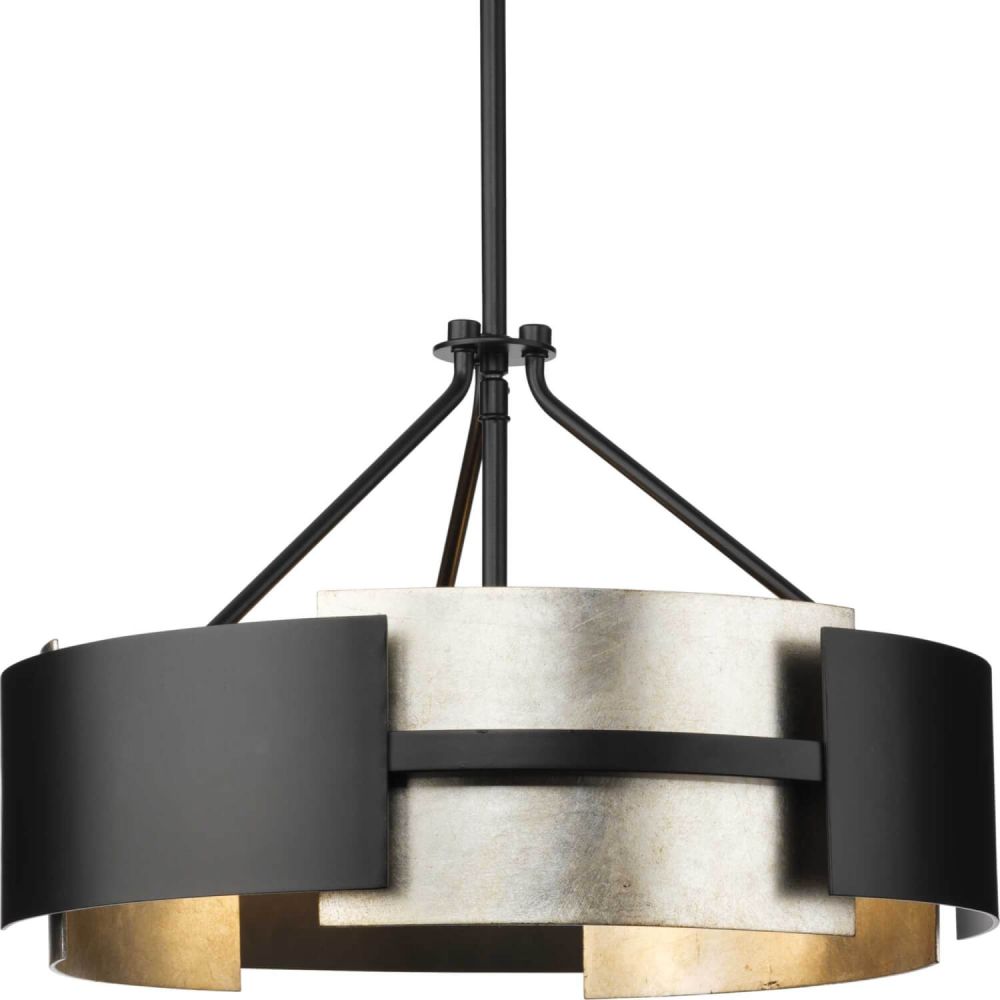 Progress Lighting Lowery 3-Light Matte Black with Aged Silver Leaf Accents Modern/Contemporary Drum Medium Hanging Convertible Pendant/semi-flush