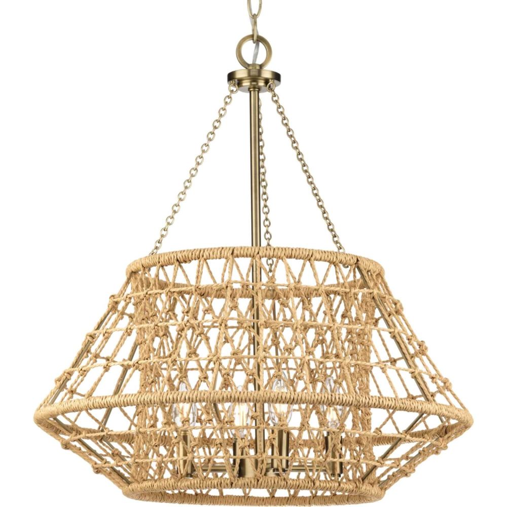 Progress Lighting Laila Collection 22.37 in. 4-Light Vintage Brass Chandelier with Woven Jute Accents