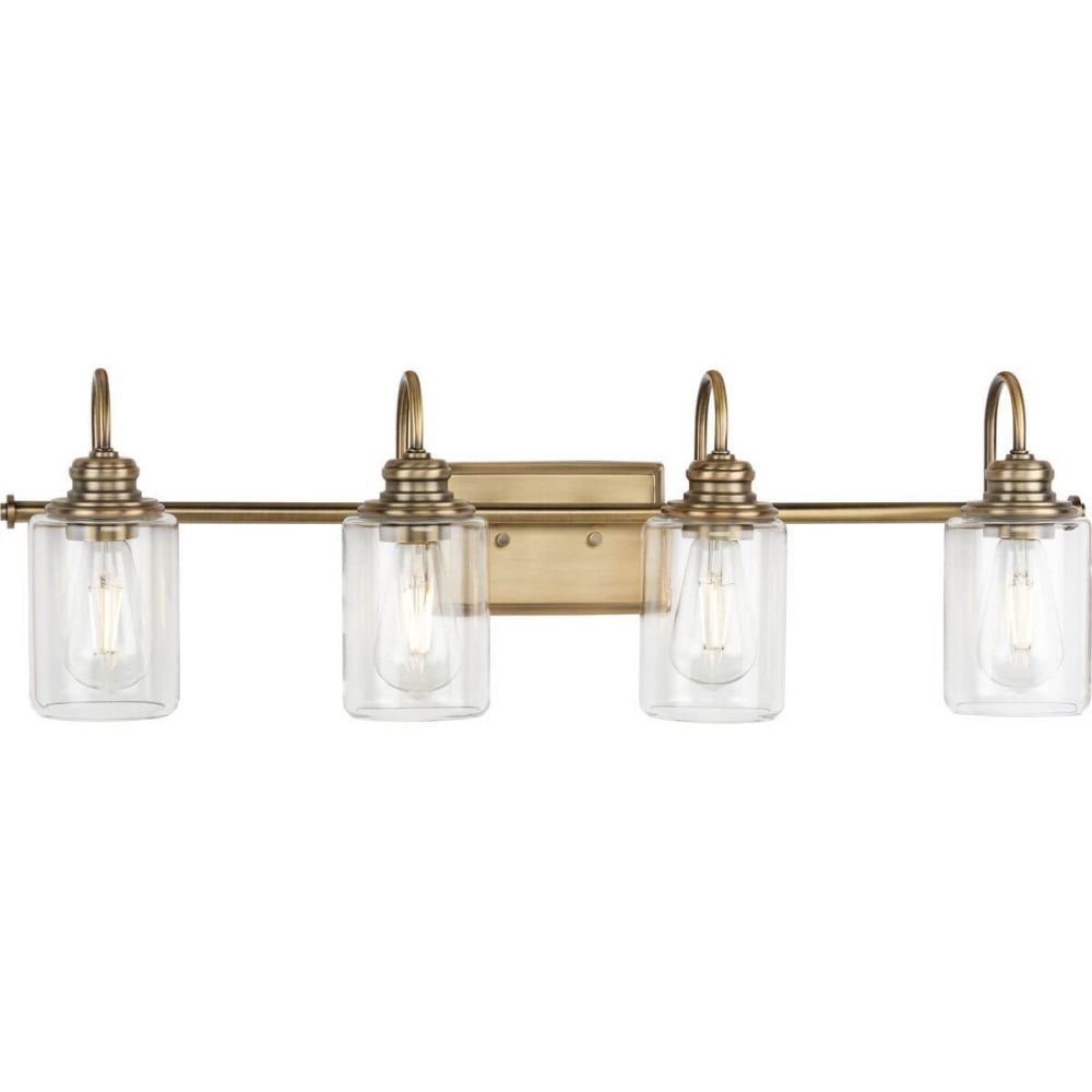 Progress Lighting P300323 163 Aiken 4 Light 32 inch Bath Vanity Light in Vintage Brass with Clear Glass