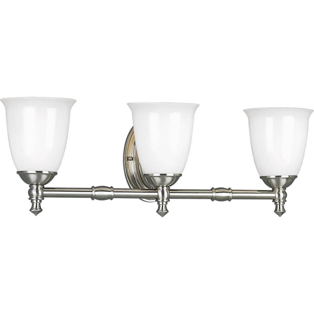 Progress Lighting P3029 09 Victorian 3 Light 25 inch Bath Vanity Light in Brushed Nickel with White Opal Glass Shade
