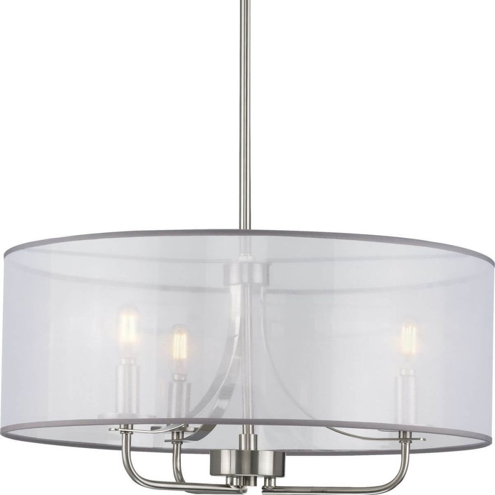 Progress Lighting P500243 009 Riley 3 Light 21 inch Pendant in Brushed Nickel with Organza Drum Shade