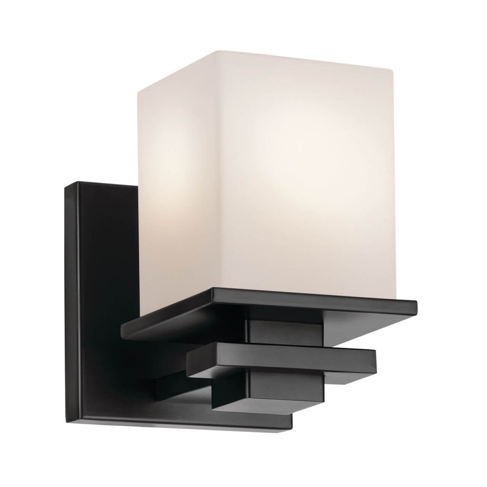 Kichler 45149BK Tully 1 Light 7 inch Tall Wall Sconce in Black with Satin  Etched Cased Opal Glass