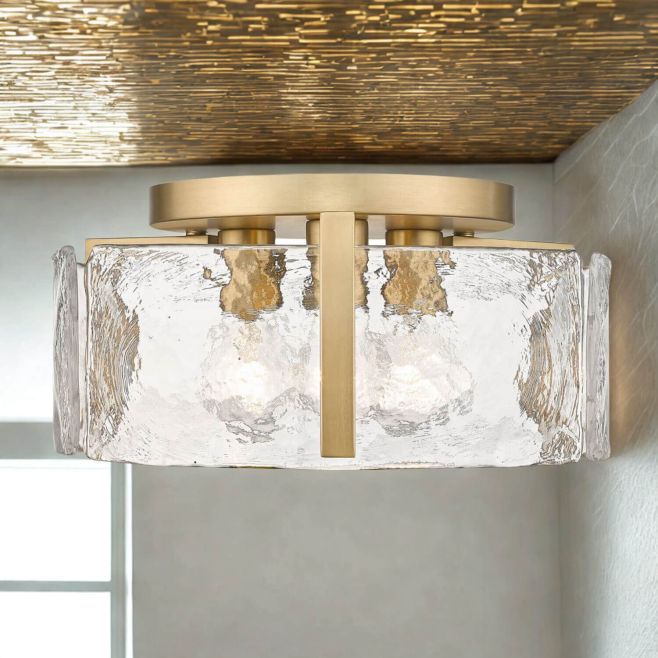 3 Light 15 inch Flush Mount in Brushed Champagne Brass with Hammered ...